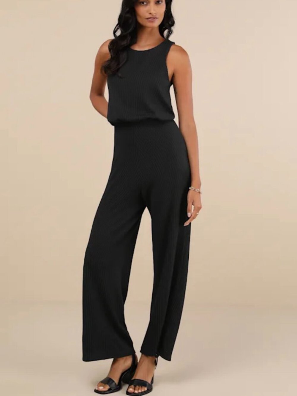 NWT Lulus Black Ribbed Wide Leg Jumpsuit Size Small Open Back
